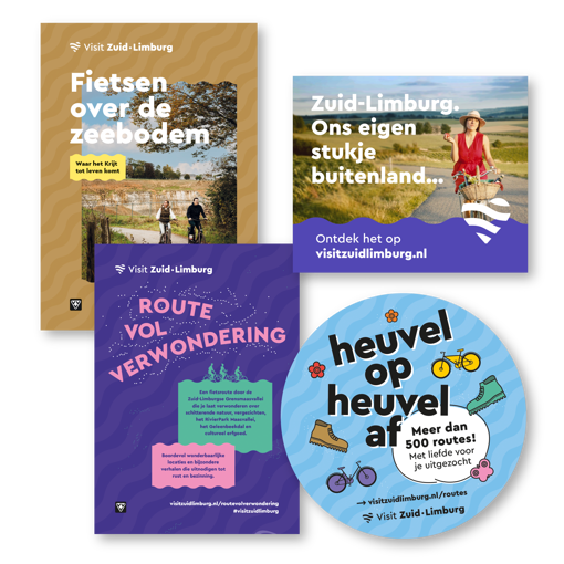 Voorbeelden van producten en campagnes van Visit Zuid-Limburg zoals 'Heuvel op, Heuvel af', Route vol Verwondering, Krijtfietsroute en Buitenland in eigen land.