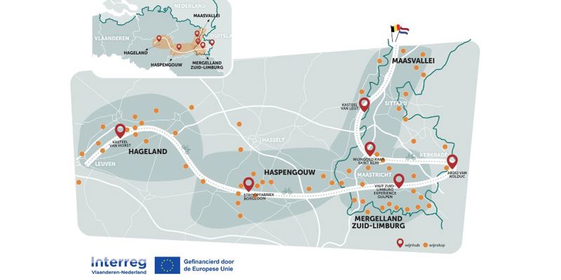 Een kaartje met een illustratie van de wijnstraat door de vier grensoverschrijdende wijngebieden in Vlaanderen en Nederland